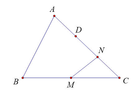 Cho tam giác \(ABC\), \(M\) là trung điểm của cạnh \(BC\), điểm \(N\) nằm trêm cạnh (ảnh 1)