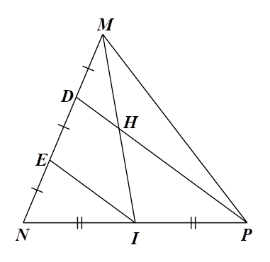 Cho tam giác MNP trên MN lấy hai điểm D,E sao cho MD = DE = EN. Gọi I là trung điểm NP,PD cắt MI tại H. Khẳng định nào sau đây là đúng? (ảnh 1)