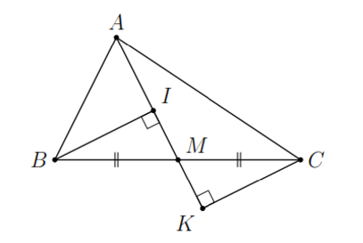 Cho tam giác \[ABC,\,\,M\] là trung điểm của cạnh \[BC.\] Vẽ \[BI,\,\,CK\] vuông góc với \[AM.\] (ảnh 1)