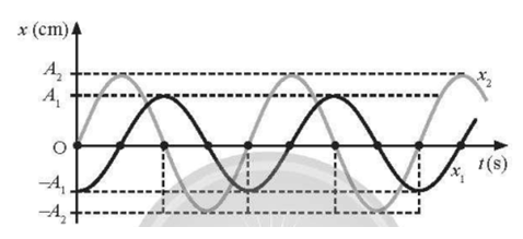 Hai vật dao động điều hoà có li độ được biểu diễn trên đồ thị li độ - thời gian như hình vẽ. Phát biểu nào dưới đây mô tả đúng tính chất của hai vật? (ảnh 1)