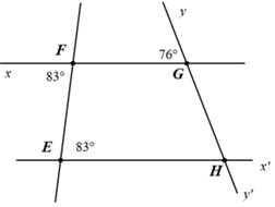 Cho hình vẽ sau đây: Biết rằng góc xFE=83 độ , góc FEH =83 độ  (ảnh 1)