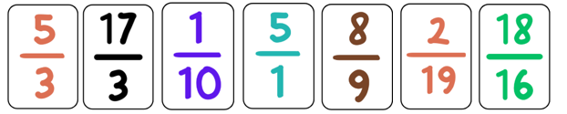 Tô màu đỏ vào thẻ chứa phân số bé hơn 1, tô màu xanh vào thẻ chứa phân số lớn hơn 1. (ảnh 1)