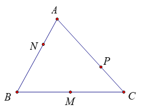 Cho \(\Delta ABC\) có \(M\) là trung điểm cạnh \(BC\), trên cạnh \(AB\) lấy điểm \(N\) sao cho (ảnh 1)