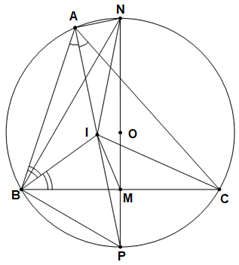 Cho tam giác nhọn ABC (AB < AC) nội tiếp trong đường tròn (O). Dựng đường kính NP (ảnh 1)