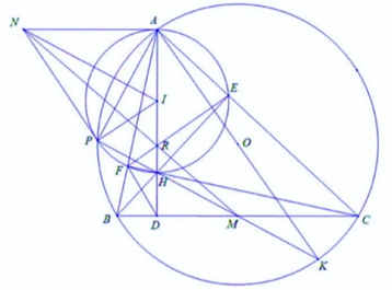 Cho tam giác ABC nhọn (AB<AC) nội tiếp đường tròn (O), các đường (ảnh 1)
