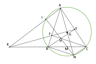 1. Cho tam gi&aacute;c ( ABC\) nhọn \((AB < AC)\) nội tiếp đường tr&ograve;n \((O)\). Hai đường cao (ảnh 2)