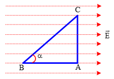 Ba điểm A, B, C tạo thành tam giác vuông tại A đặt trong điện trường đều có vectơ cường độ điện trường song song với AB. Cho góc α = 600; BC = 10 cm và UBC = 400 V. Chọn phương án đúng. Tính (ảnh 1)