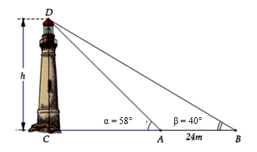 Giả sử CD = h là chiều cao của tháp trong đó C là chân tháp. Chọn hai điểm A, B trên mặt đất sao cho ba điểm A, B, C (ảnh 2)
