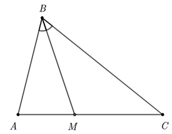 Tam giác ABC có BM là tia phân giác của góc ABC,(M thuộc AC). Khẳng định nào sau đây là sai? (ảnh 1)