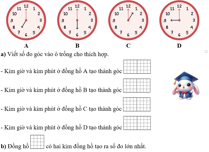 Dùng thước đo góc để đo góc tạo bởi hai kim đồng hồ. (ảnh 1)