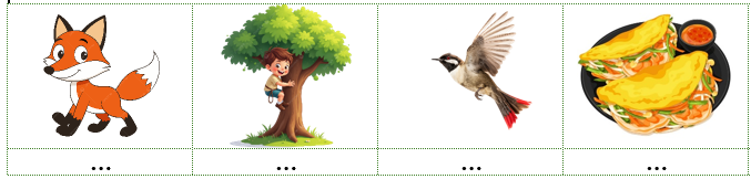 Viết các từ “con cáo, chào mào, leo trèo, bánh xèo” dưới hình phù hợp: (ảnh 1)