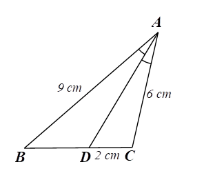 Cho tam giác ABC cóAB = 9cm,,AC = 6cm. Vẽ AD là đường phân giác của góc A. Biết CD = 2cm, độ dài đoạn thẳng DB là (ảnh 1)
