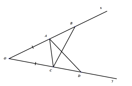 Cho góc {xOy}\] khác góc bẹt. Trên cạnh \[Ox\] lấy hai điểm \[A\] và \[B\], trên cạnh \[Oy\] lấy hai điểm (ảnh 1)