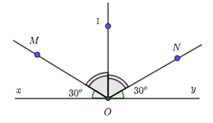 Cho hình vẽ bên có góc xOM - góc yON = 30 độ , OI là tia phân giác của góc (ảnh 1)