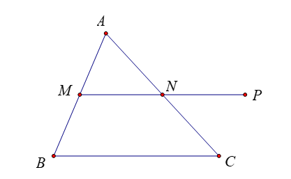 Cho tam giác \(ABC\) có \(M\) và \(N\) lần lượt là trung điểm của \(AB\) và \(AC\).  (ảnh 1)