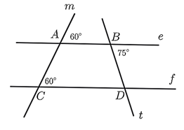 Cho hình vẽ , biết góc mAB = 60 độ , góc DBe=75 độ , góc ACD = 60 độ (ảnh 1)