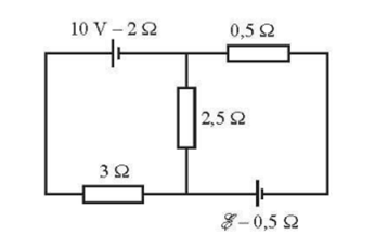 Cho mạch điện như hình vẽ dưới. Suất điện động E của nguồn chưa biết. Bỏ qua điện trở của các dây nối. Tìm giá trị của E để nguồn 10 V được nạp điện. (ảnh 1)