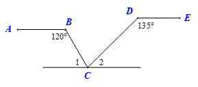 Cho hình vẽ AB song song DE . Hỏi số đo góc BCD  bằng bao nhiêu độ? (ảnh 2)