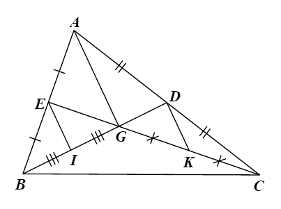Cho tam giác ABC ,các đường trung tuyến BD và CE cắt nhau tại G. Gọi I,K theo thứ tự là trung điểm của GB,GC. Biết AG = 4cm. Độ dài các đoạn thẳng EI và DK lần lượt là  (ảnh 1)