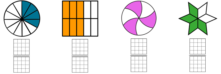 Viết phân số tối giản chỉ phần tô màu trong mỗi hình: (ảnh 1)