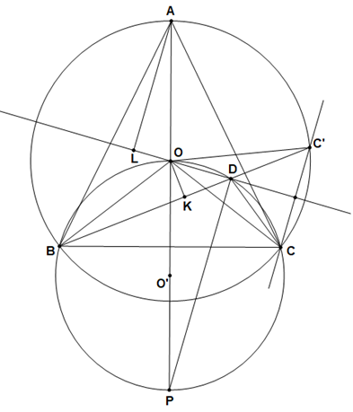 Cho tam giác nhọn ABC cân tại A và có tâm đường tròn ngoại tiếp là O. Lấy điểm D bên trong tam (ảnh 1)