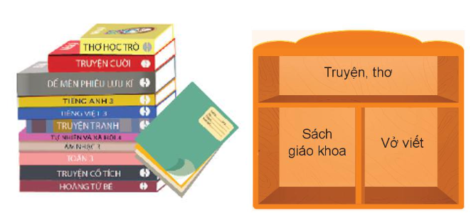 Em hãy sắp xếp sách lên giá sách cho hợp lí. (ảnh 1)