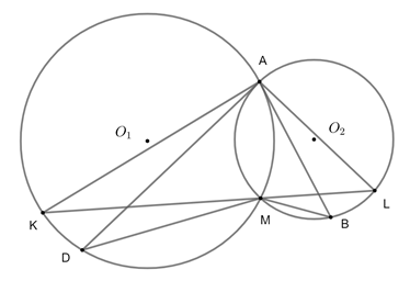 Cho (O1 ) , (O2) là hai đường tròn, cắt nhau tại điểm A ,M sao cho  (ảnh 1)