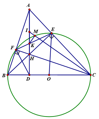 Cho tam giác nhọn ABC (AB < AC). Đường tròn (O) đường kính BC cắt AB, AC lần lượt tại (ảnh 1)
