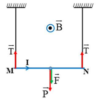 Cho dòng điện I = 16 A có chiều từ M tới N chạy qua dây và g=10m/s2. Lực căng của mỗi dây là (ảnh 1)