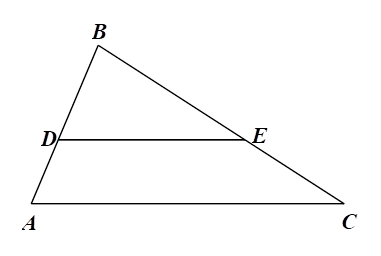 Cho tam giác ABC có D,E lần lượt là hai điểm nằm trên AB và BC sao cho AD/AB = CE/CB.  Cho các khẳng định sau:  (I) DE là đường trung bình của tam giác ABC (ảnh 1)