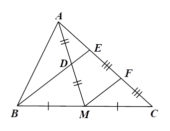 Cho tam giác ABC, đường trung tuyến AM. Gọi D là trung điểm của AM,E là giao điểm của BD và AC, F là trung điểm của EC. Biết AC = 9cm, độ dài đoạn AE là (ảnh 1)