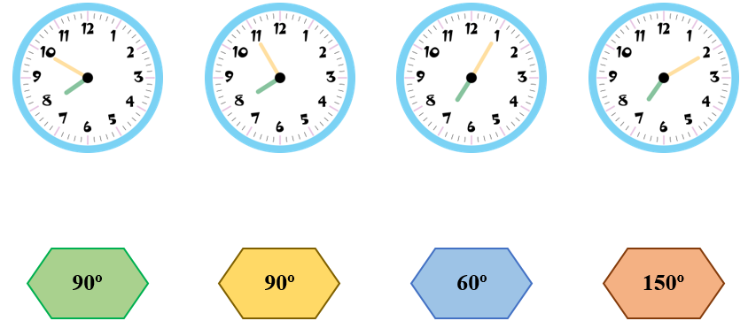 Nối góc tạo bởi kim giờ và kim phút với số đo góc thích hợp. (ảnh 1)