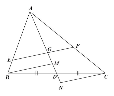 1) Cho tam giác ABC có AD là trung tuyến, trọng tâm G, đường thẳng đi qua G cắt các cạnh AB, AC lần lượt tại E,F. Từ B, C kẻ các đường song song với EF cắt AD lần lượt tại M. N. a) BE/AE = MG/AG. (ảnh 2)