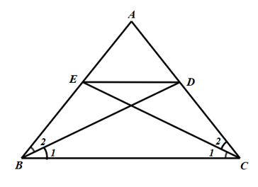 Cho \[\Delta ABC\] cân tại \[A.\] Tia phân giác góc \[B\] cắt cạnh \[AC\] tại \[D\], tia phân giác góc \[C\] cắt cạnh \[AB\] tại \[E\].  (ảnh 1)