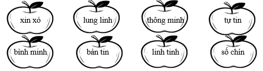 Tô màu xanh lá vào quả táo có tiếng chứa vần “in”, tô màu vàng vào quả táo có tiếng chứa vần “inh”. (ảnh 1)