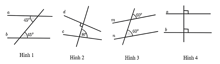 Hình vẽ nào sau đây không biểu diễn hai đường thẳng song song? (ảnh 1)