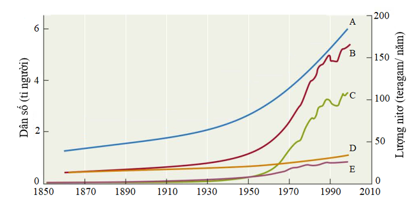 Đồ thị dưới đây mô tả sự thay đổi về dân số của quần thể người trên thế giới và tác động của con người (ảnh 1)