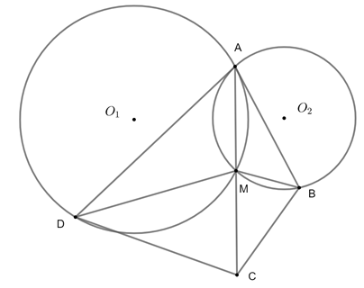 Cho (O1 ) , (O2) là hai đường tròn, cắt nhau tại điểm A ,M sao cho  (ảnh 2)