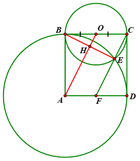Cho hình vuông \(ABCD\). Vẽ đường tròn tâm \(O\) đường kính \(BC\)và đường (ảnh 1)
