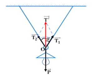 Hai nửa sợi dây có chiều dài bằng nhau và hợp với nhau một góc bằng 60°. Tính lực căng của mỗi nửa sợi dây, lấy g = 10 m/s2. (ảnh 1)