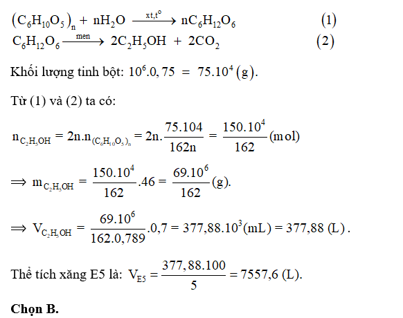 Từ 1 tấn tinh bột ngô có thể sản xuất được bao nhiêu lít xăng E5 (chứa 5% ethanol về thể tích), biết tinh bột ngô chứa 75% tinh bột (ảnh 1)