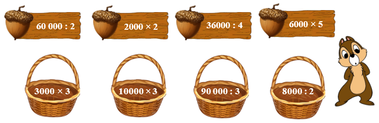 Phép tính nào dưới đây có cùng kết quả? Hãy giúp Sóc Nâu thu hoạch hạt dẻ vào đúng giỏ. (ảnh 1)