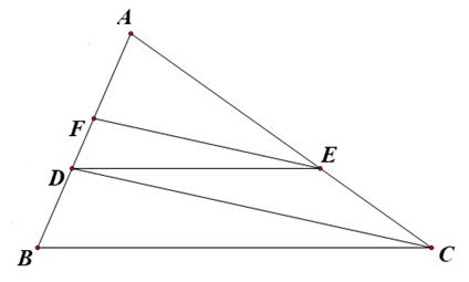 Cho hình vẽ bên, biết DE song song BC, EF song song CD Tỉ số nào sau đây là sai? (ảnh 1)
