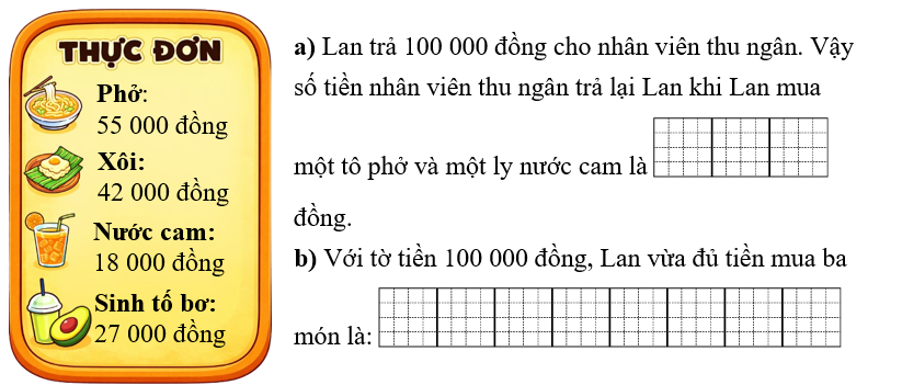 Điền số thích hợp vào ô trống. Lan vào một quán ăn và gọi một tô phở, một đĩa xôi, một ly nước (ảnh 1)