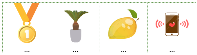 Viết các từ “quả xoài, điện thoại, huy chương, vạn tuế” vào hình phù hợp: (ảnh 1)