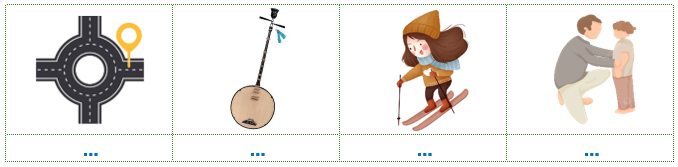 Viết các từ “khuyên bảo, trượt tuyết, vòng xuyến, đàn nguyệt” dưới hình phù hợp: (ảnh 1)