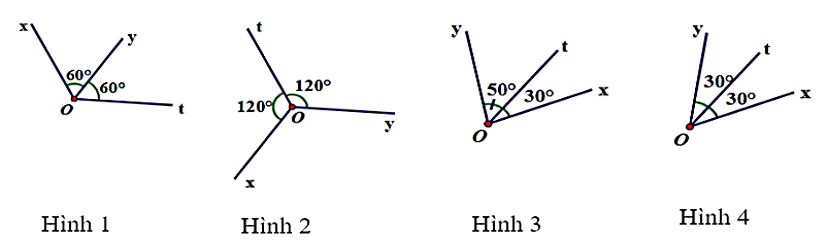 Trong các hình dưới đây, hình nào cho biết tia (Ot) là tia phân giác của góc (xOy)? (ảnh 1)