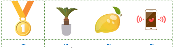 Viết các từ “quả xoài, điện thoại, huy chương, vạn tuế” vào hình phù hợp: (ảnh 1)