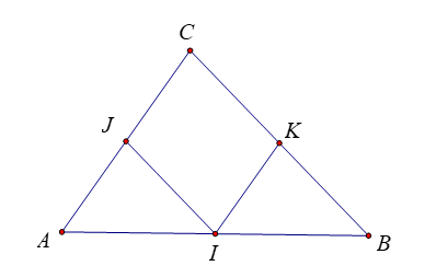 Cho tam giác \(ABC\) có \(I,J,K\) lần lượt là trung điểm \(AB,AC,BC\). Khẳng định nào sau đây là đúng. (ảnh 1)