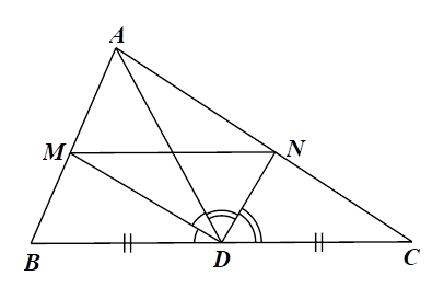 1) Cho tam giác ABC trung tuyến AD. Vẽ tia phân giác của góc ADB cắt AB tại M, tia phân giác của góc ADC cắt AC tại N. Chứng minh rằng: a) MB/MA = BD/AD b) MN song song BC (ảnh 1)